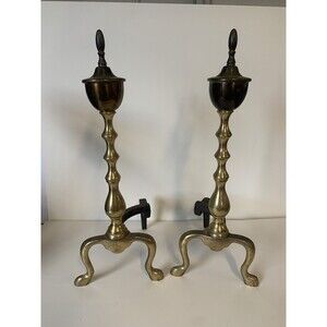 Vintage Brass & Cast Iron Fireplace Andirons - Firedogs - Log Holders